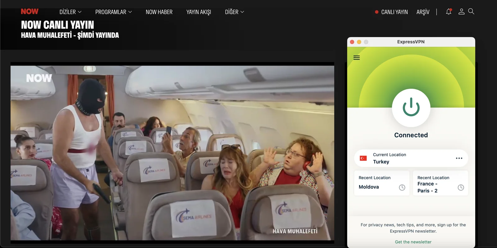 ExpressVPN Türkiye sunucuları ile Türkiye IP'sine bağlanarak NOW TV'yi engelsiz olarak izleyebilirsin.