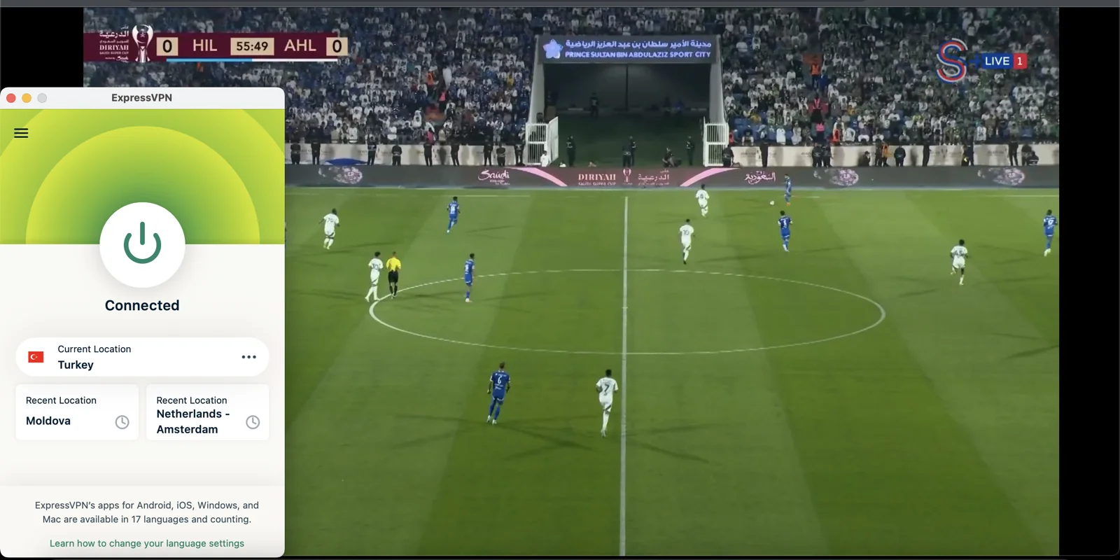 ExpressVPN Türkiye sunucularına bağlanarak S Sport Plus'ı yurt dışından izleyebilirsin.