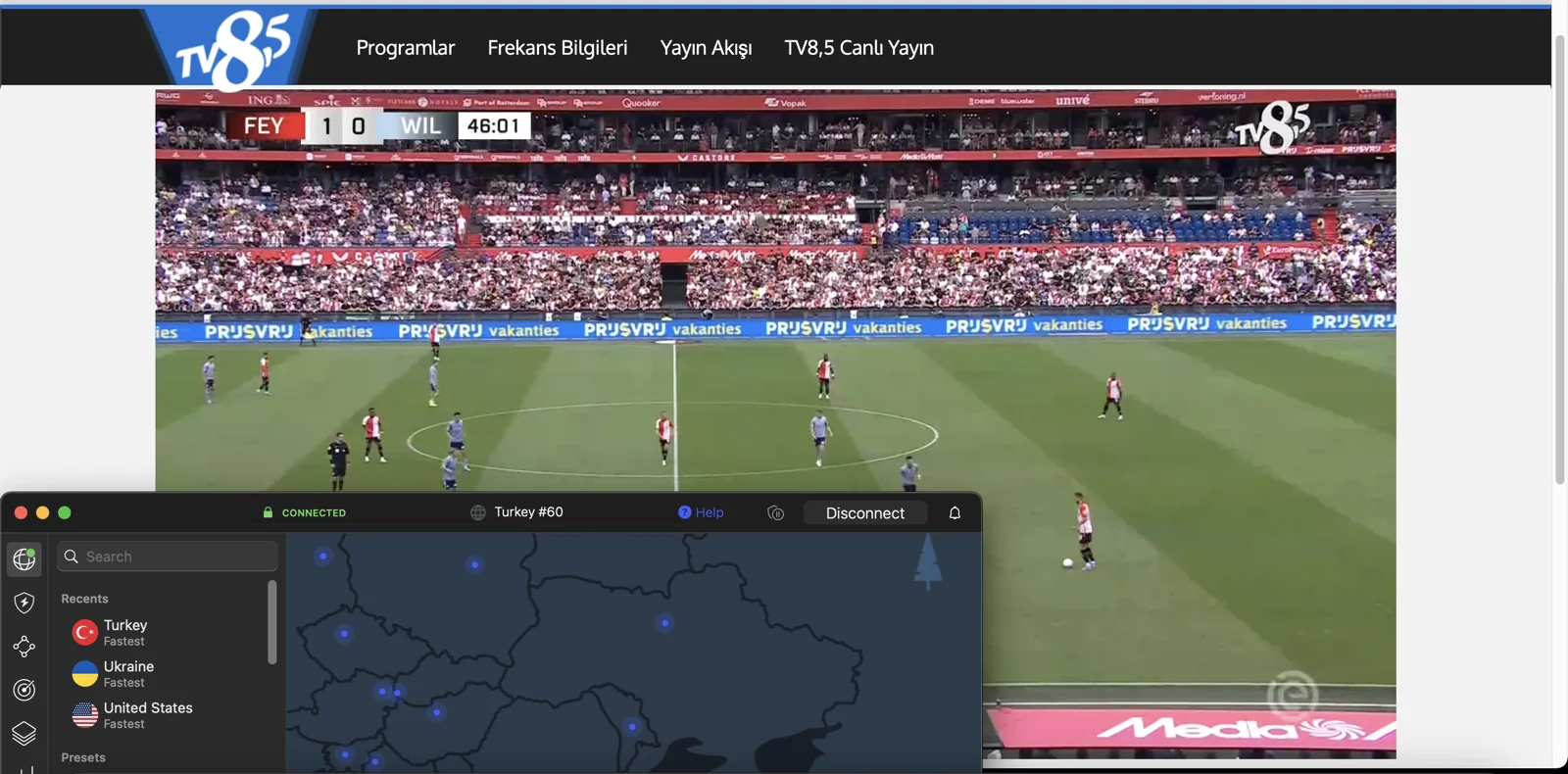 NordVPN Türkiye sunucularına bağlanarak TV 8,5'u yurt dışından engelsiz olarak izleyebilirsin.