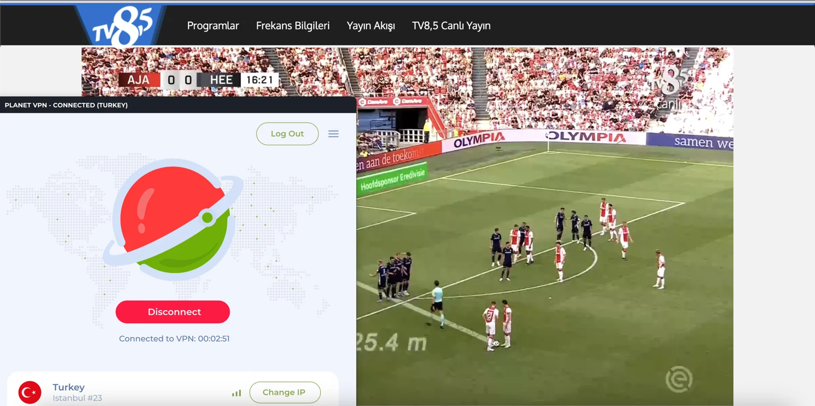 Planet VPN Türkiye sunucularına bağlanarak yurt dışında TV 8,5'u engelsiz bir şekilde izleyebilirsin.