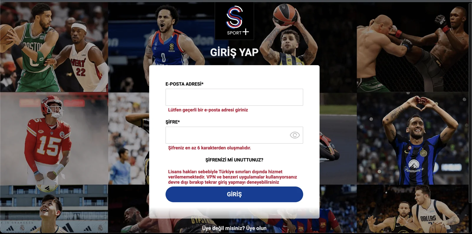 Yabancı bir IP adresi ile S Sport Plus'ın sitesine giriş yapmaya çalıştığınızda site mevcut bir hesaba giriş yapmanızı bile engelliyor.