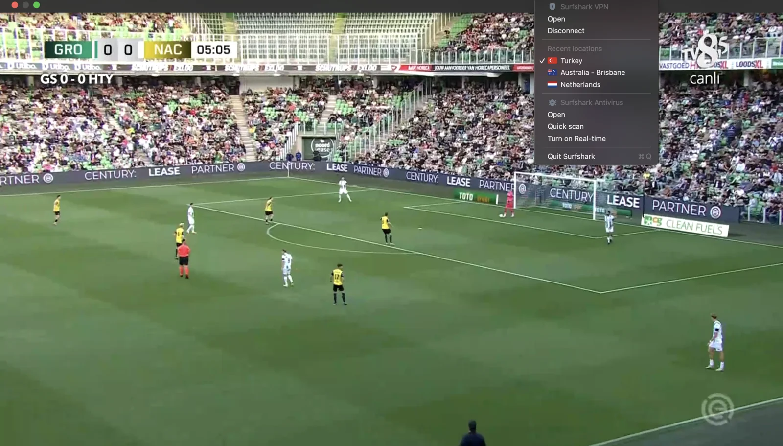 Surfshark Türkiye sunucularına bağlanarak TV 8,5'u yurt dışında engelsiz bir şekilde izleyebilirsin.