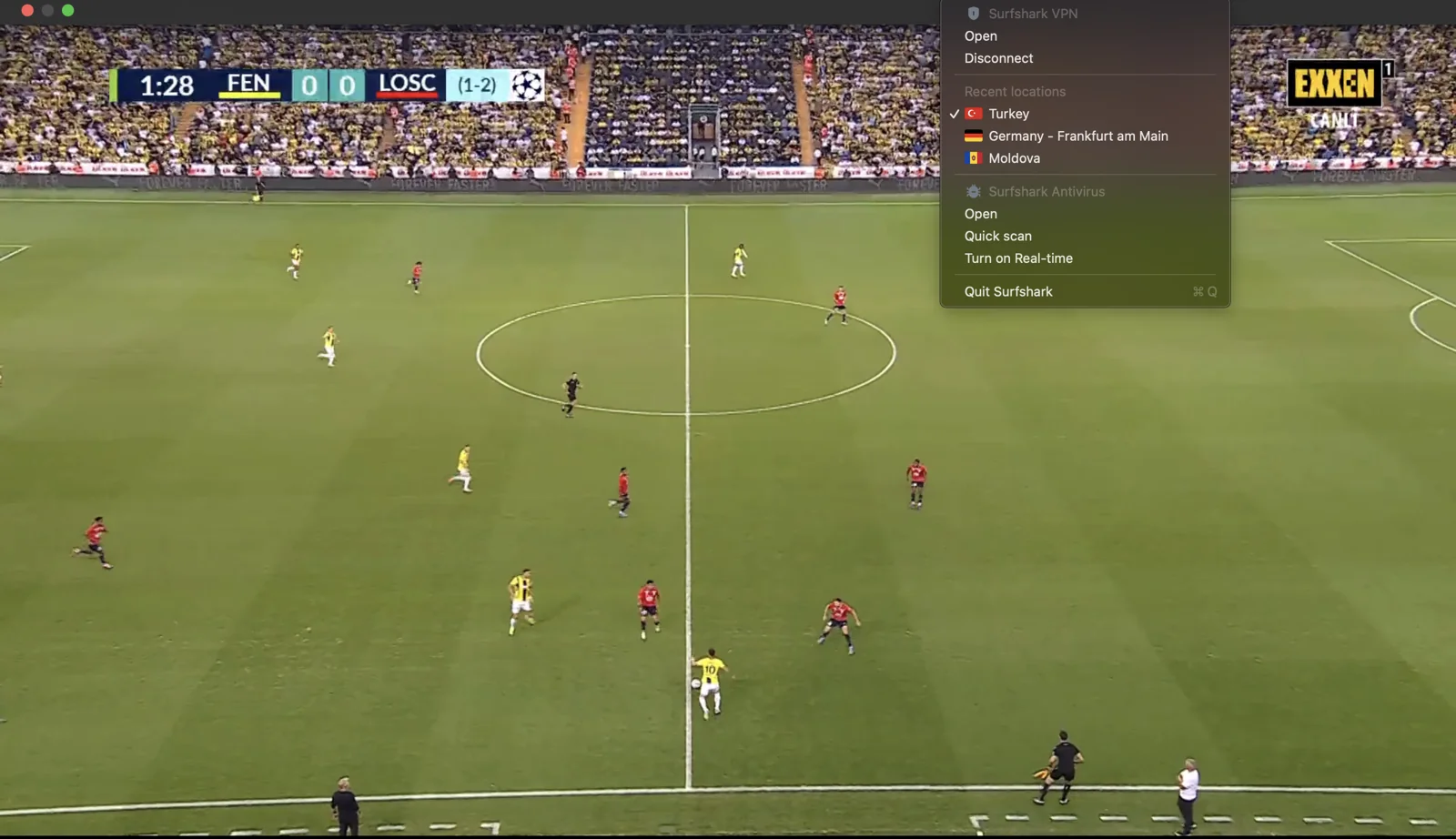 Surfshark Türkiye sunucularına bağlanarak Exxen Spor'u yurt dışından izleyebilirsiniz.