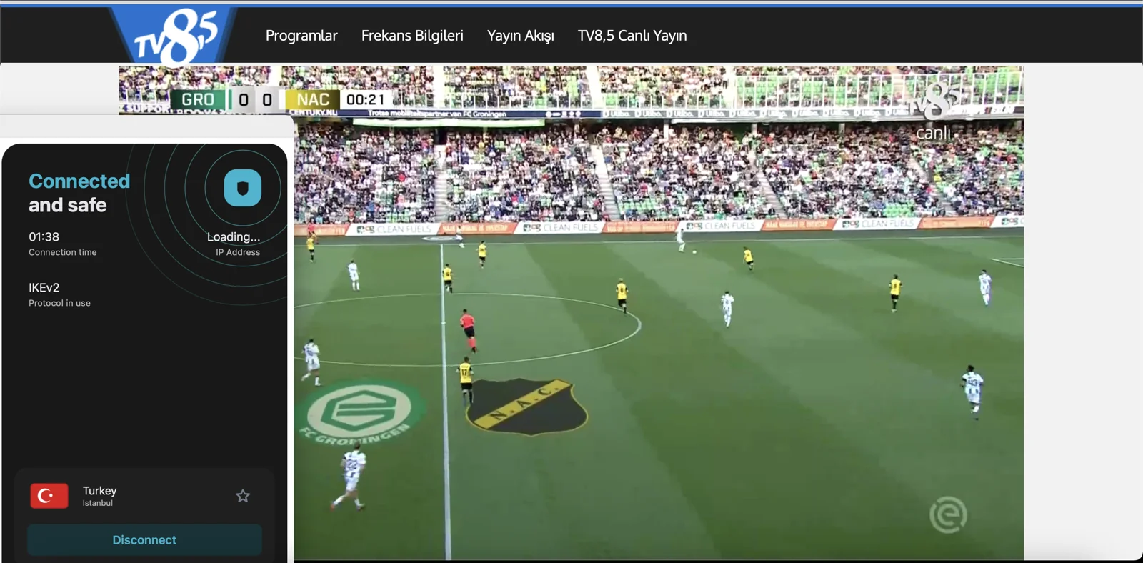 Surfshark Türkiye sunucularına bağlanarak bir Türkiye IP'si alabilir, TV 8,5'u engelsiz bir şekilde izleyebilirsin.