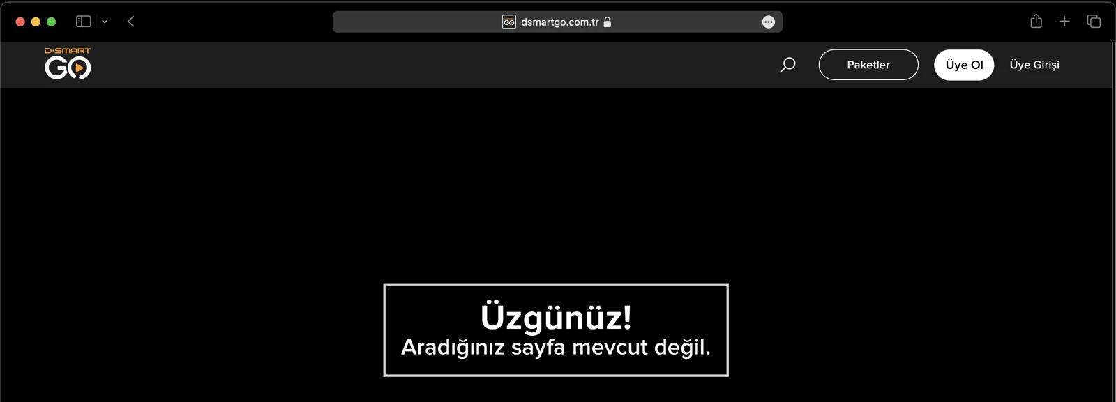 Türkiye dışından D-Smart Go'yu ziyaret ettiğinde bu uyarı mesajı ile karşılaşacaksın: "Üzgünüz, aradığınız sayfa mevcut değil."