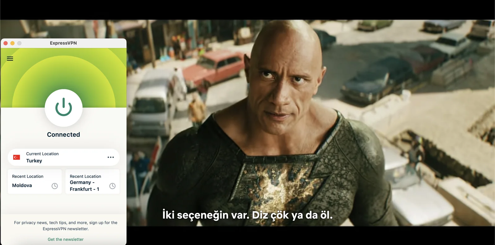 ExpressVPN Türkiye sunucularına bağlanarak Netflix Türkiye'yi dünyanın her yerinden izleyebilirsin.