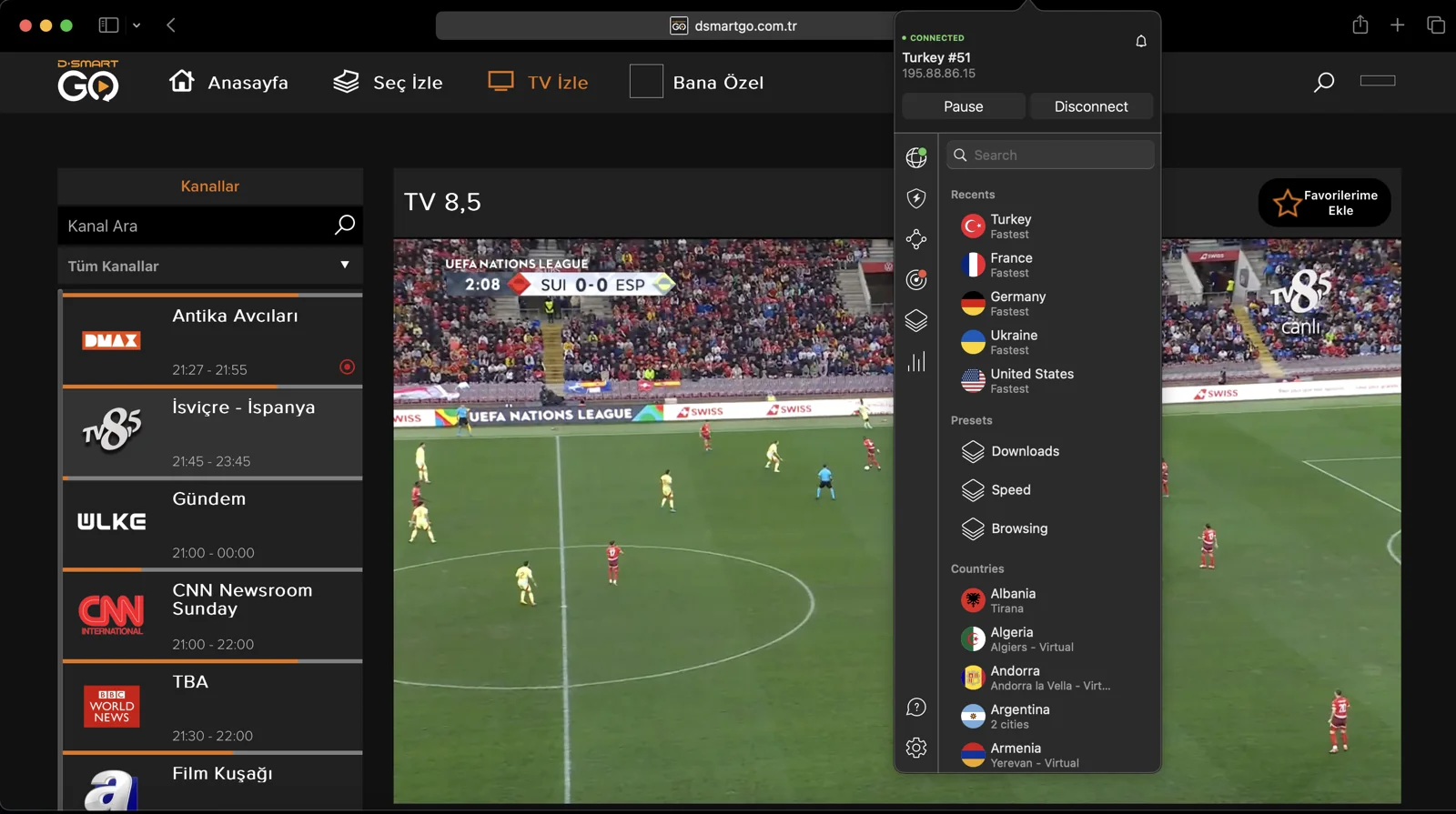 NordVPN Türkiye sunucularına bağlanarak D-Smart Go'yu yurt dışından izleyebilirsin.