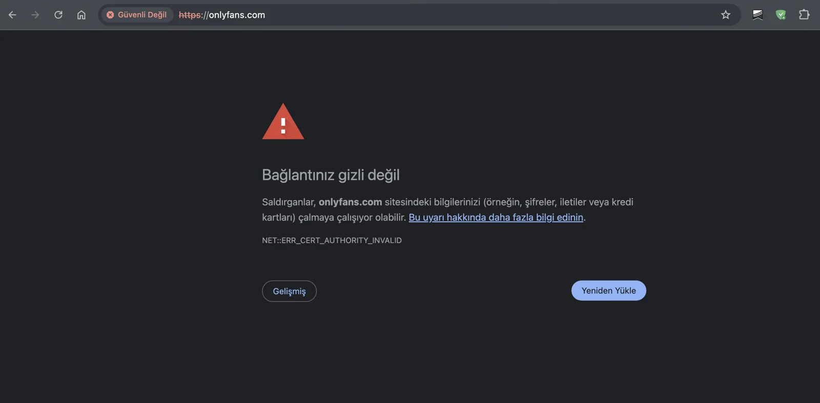Türkiye'de OnlyFans'a erişmeye çalıştığında bir uyarı sayfasıyla karşılaşırsın.