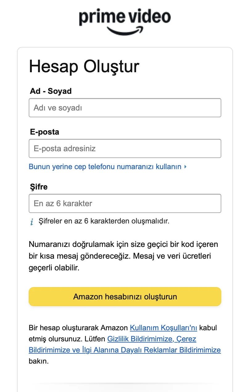 Prime Video'da hesap oluşturmak için Türkiye IP'sine bağlandıktan sonra siteye git, e-posta adresin ve ad/soyadınla yeni bir hesap oluştur.