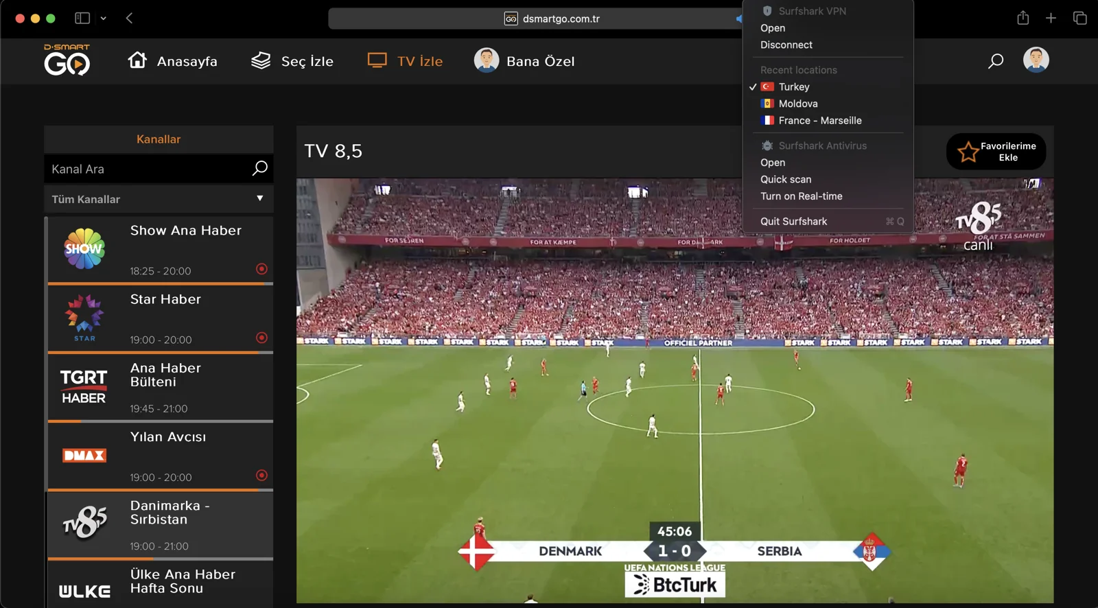 Surfshark Türkiye sunucularına bağlanarak D-Smart Go'yu yurt dışında engelsiz olarak izleyebilirsin.