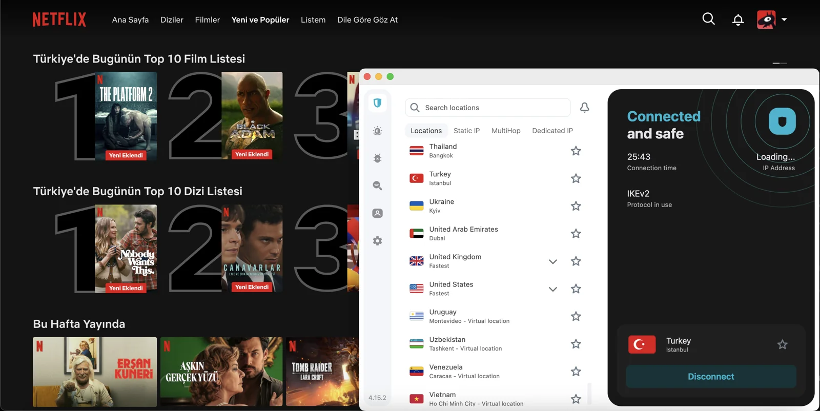 Surfshark Türkiye sunucularına bağlandıktan sonra Netflix'e girdiğinde Netflix Türkiye içeriklerini izleyebilirsin.