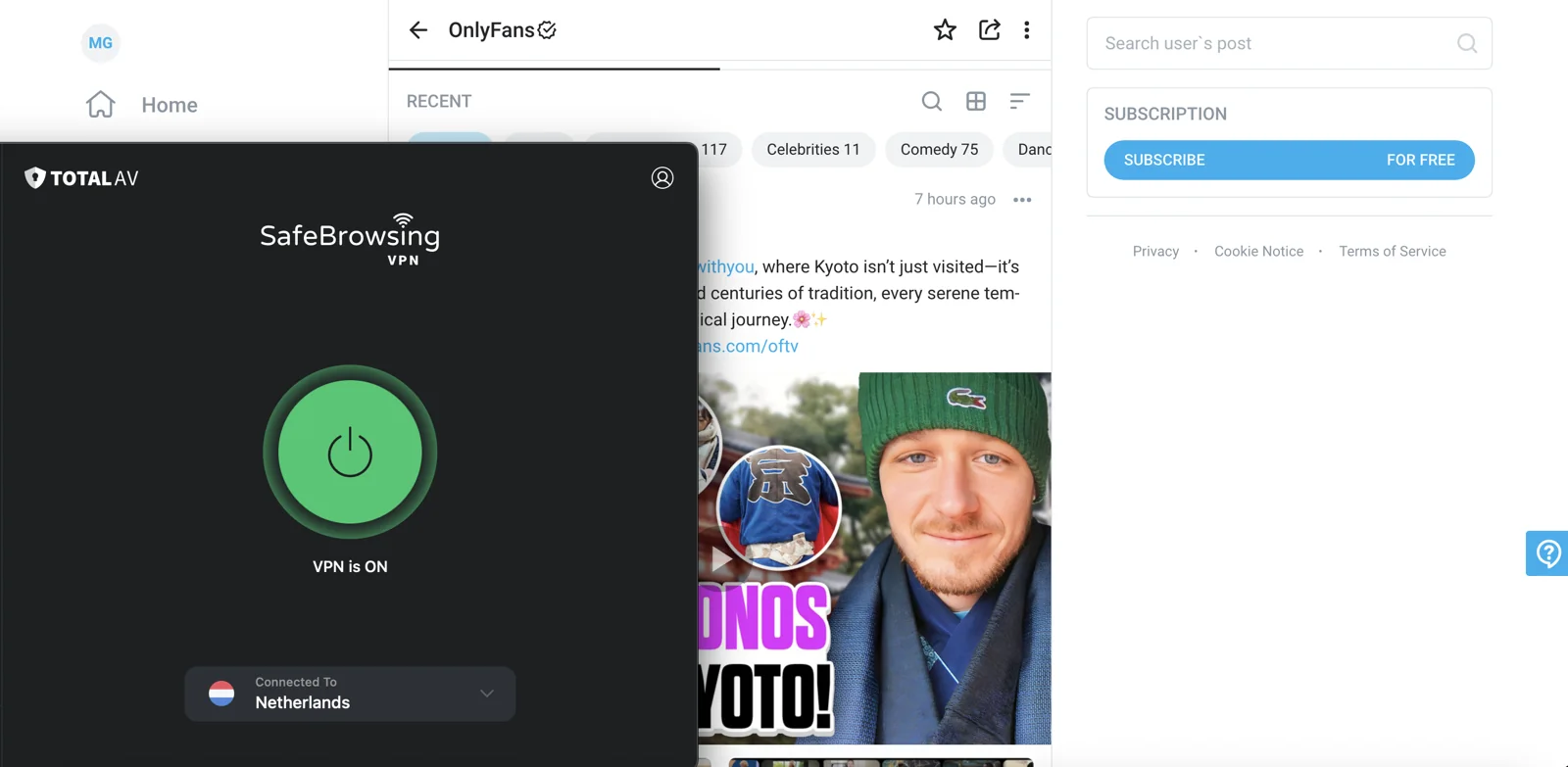 TotalVPN Hollanda sunucularına bağlanarak Türkiye'de OnlyFans erişim engelini kaldırabilirsin.